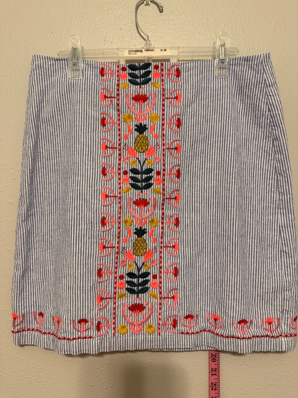 Boden Blue & White Striped Mini Skirt with Colorful Embroidery